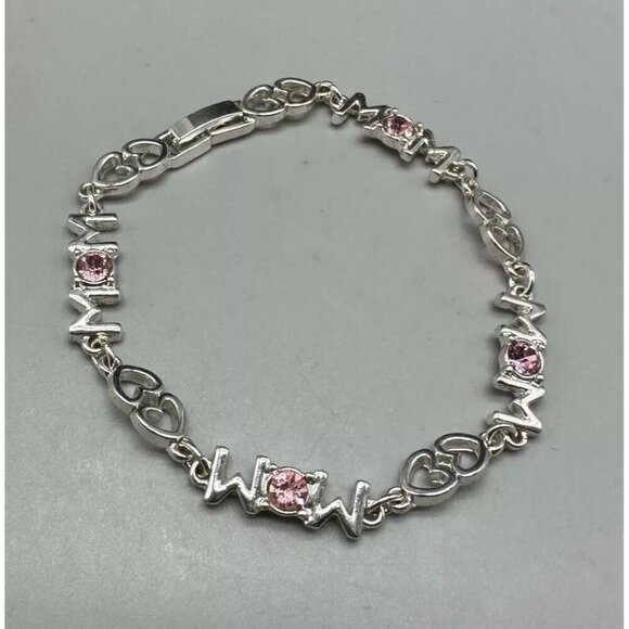 3/$30 Mom Bracelet Pink Rhinestone Heart Link Silver Gift Jewelry for Her 7" - Picture 3 of 12